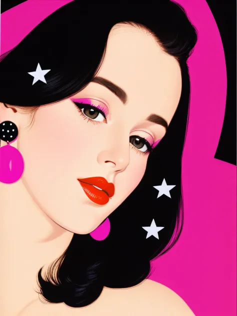 Polka dots on background　Wearing pink lipstick and small black earrings、In the axis of light、　America in the 70s　Mary Cassatt、patrick nagel、Looking at the camera with cynicism((Film noir))Portrait painting