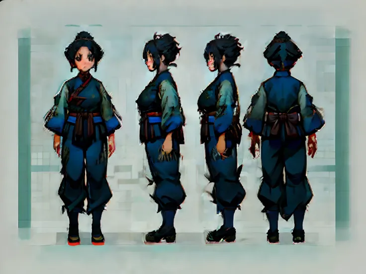 ((masterpiece)),(((best quality))),（character design sheet,Same role,frontage,Lateral face,on  back),illustration,1个Giant Breast Girl,Hair color,By bangs,hairstyle fax,Eyes,The environment changes,hairstyle fax，female pervert，blue hairs，Chinese Hanfu，Zombi...