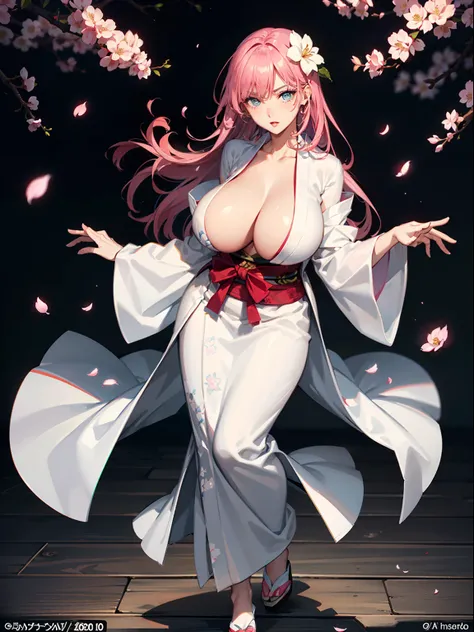 Good quality, 2D, 1woman, full body, white skin, long hair, pink hair, blue eyes, red lips, pink eyeshadow, gorgeous face, huge boobs, sexy, based in japanese folklore, white yukata with cherry blossom pattern, based in one punch man art style