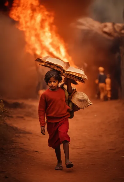 CHILDREN CARRYING BOOKS AND BREAD IN THEIR HANDS WHILE ESCAPE FROM FIRE