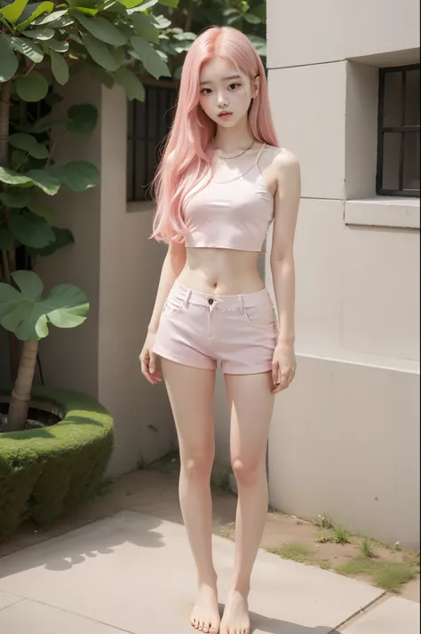 full body, kim chaewon in a bikini, 15yo, 15 years old korean petite young girl in a fantasy city, fantasy city, petite girl, small breast, petite figure, long pink hair, tight crop top shirt that expose midriff, tight white shorts, midriff exposed, small ...