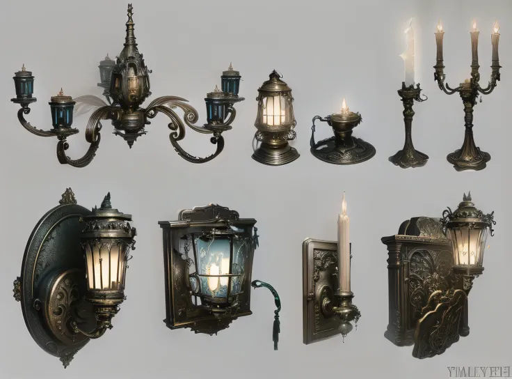 Close-up of a set of different lights on the wall, Various lighting atmospheres, Gothic lighting, detailed lighting and textures, Detailed textures and lighting, fantasy atmospheric lighting, ambient lighting highly detailed, The object is well lit, high r...