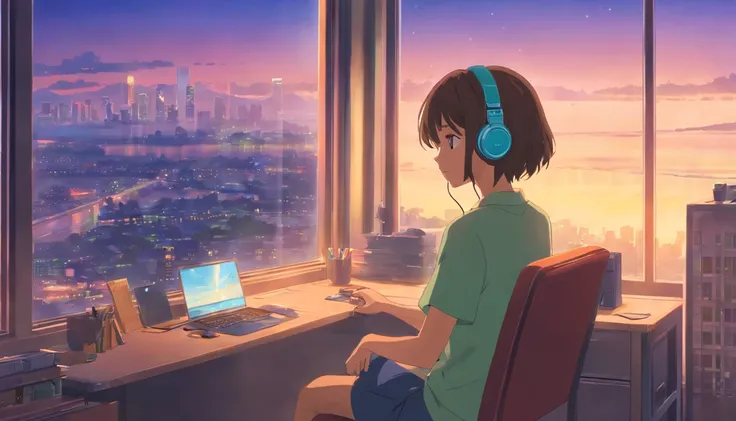 porate、512、Lo-Fi、Girl with headphones sitting in chair、Take a nap at your desk、Eyes closed、City view from the window、early evening、pastelcolor、Painting