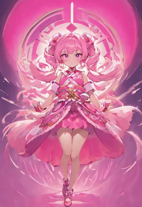 style of league of legends，Flying life-size colorful long hair，Serious expressions，Hanfu costumes，Beautiful patterns are engraved on the clothes，Fair thighs exposed，Wear pink leggings，The long skirt swayed in the wind，Close-up of pink and white logo with c...