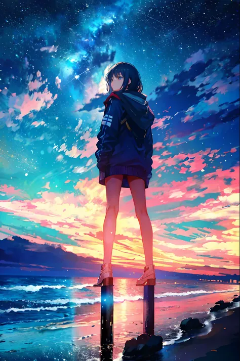 At night, Teenager standing by the sea，Looking up at the starry sky，Full body photo，delicated，nood