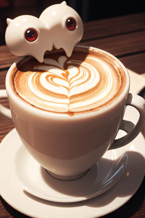 Cafe Latte, Latte art、( a pair of vampiric fangs made from latte cream) a drop of blood dripping from the cup, Masterpiece, best quality, best details, realistic, 3D rendering,