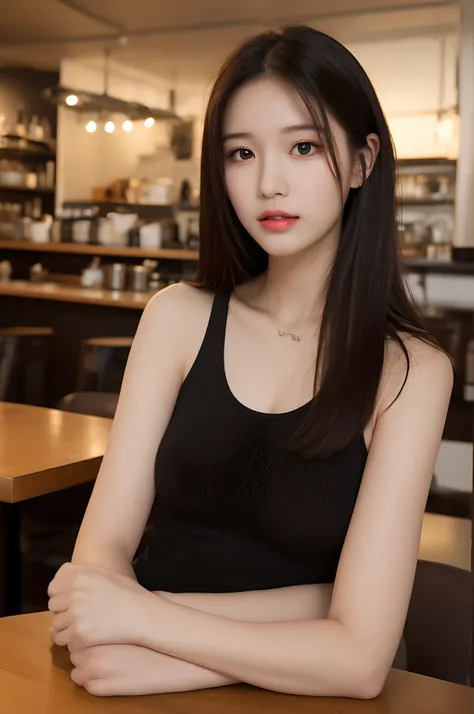 （realisticlying， hight resolution：1.3）， 1 girl with a perfect body， super fine face and eyes，Long whit hair， Tank top of random colors：1.2， Short jeans pants， in a cafe， Coffee on the table， Colossal tits，