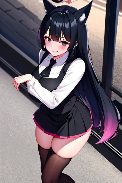 4K,teens girl,beauitful face,Long black hair,Black eyes,ssmile,Blush,mediuml breasts,idol clothes,short  skirt,fox tails,White suspender stockings,Pink high heels,full bodyesbian,On the street,The edges are illuminated