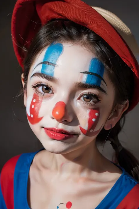 Child with face painted with a beautiful clown face painting