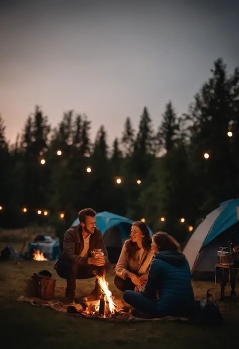 couple camping, bonfire, barbecue, Time of Day: night, Camera: DSLR, Lens: wide angle