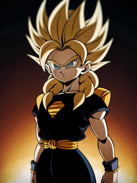 corpo inteiro, Beta_Ie, standing on her feet, peito pequeno, detalhada, expression of trust, SuperSaiyajin, Olhos Vermelhos, rosto detalhado, super saiyan, blonde hair