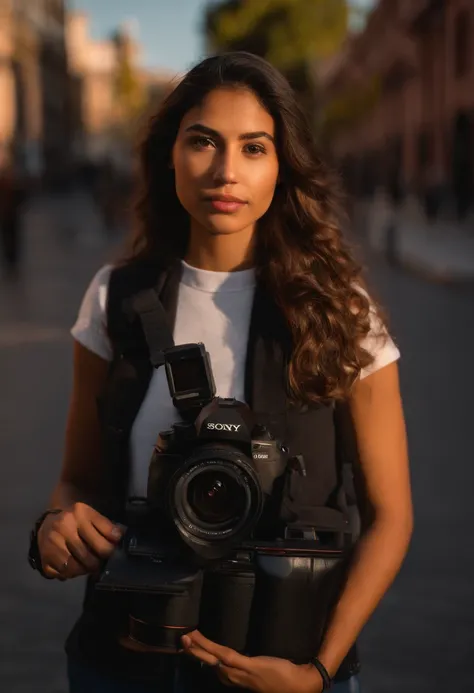 a portrait of a young adult latin american reporter. shot with a Sony Venice, Cooke lenses 24 mm, sunset lighting, Rembrandt lighting