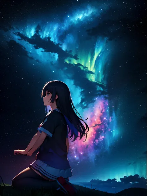 girl, cloud, Colorful, Cool, masutepiece, sit, From Side, (Sideways), Smile, starrysky, Stars