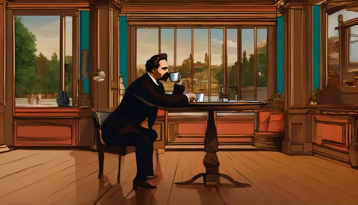 Friedrich Nietzsche having a coffee