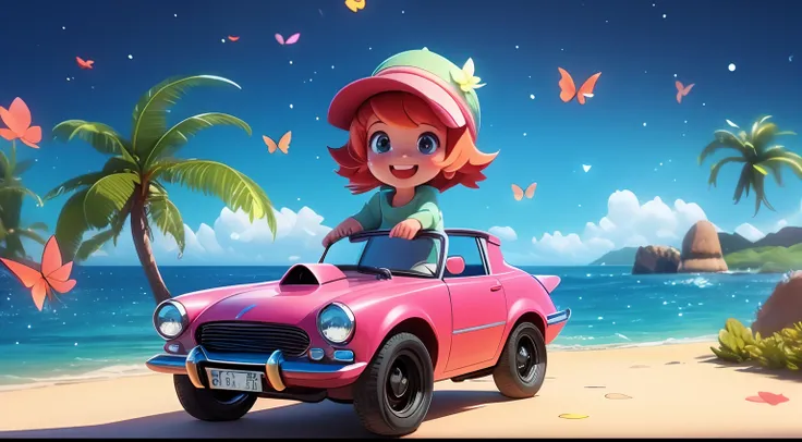 Digital Art, Cute woman is driving a car  、happily face、Humming a song、Drive along the coastline、llight rays, water dripping、8k high quality detailed art, bio luminescent、butterflys