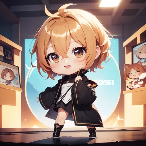 An ultra-high picture quality, Super Detail, 超A high resolution, Anime, Manga, Illustration, (Chibi:1.5), Chibi, chibi character, Deformed, Very cute girl, light brown shiny short hair, Ahoge, Professional Lighting