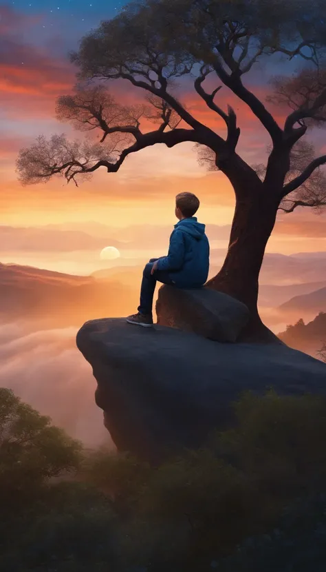 A boy in a gray-blue jacket sits on a cliff，A tree in the back looks at the beautiful colorful sparkling sky