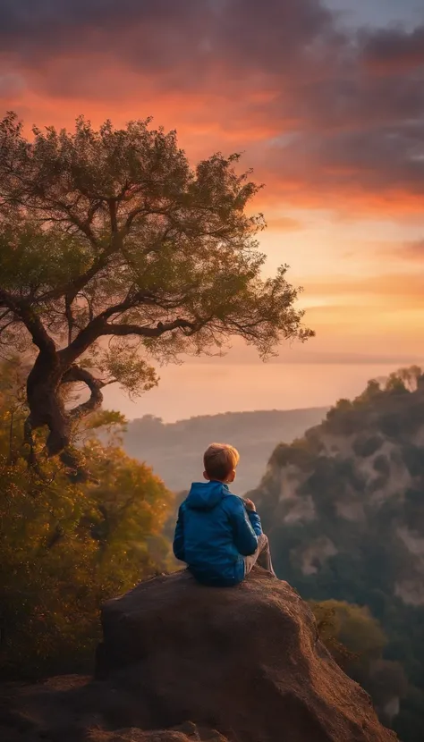 A boy in a gray-blue jacket sits on a cliff，A tree in the back looks at the beautiful colorful sparkling sky