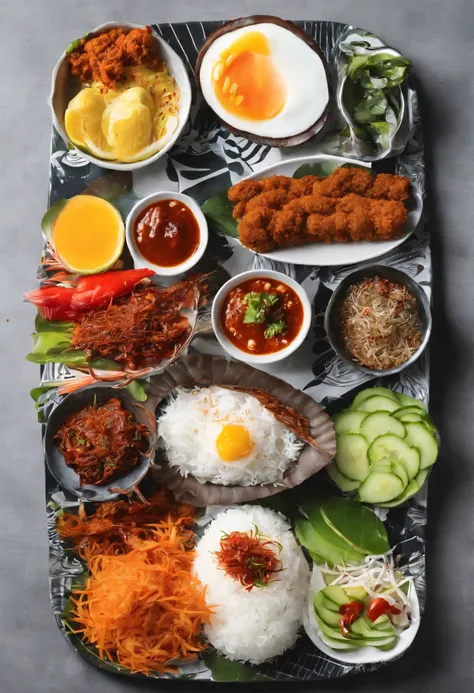 Create an appetizing and visually enticing photograph that showcases the perfect Malaysian nasi lemak. Highlight the vibrant colors and textures of the fragrant coconut rice, spicy sambal, crispy fried anchovies, fresh cucumber slices, and a perfectly boil...