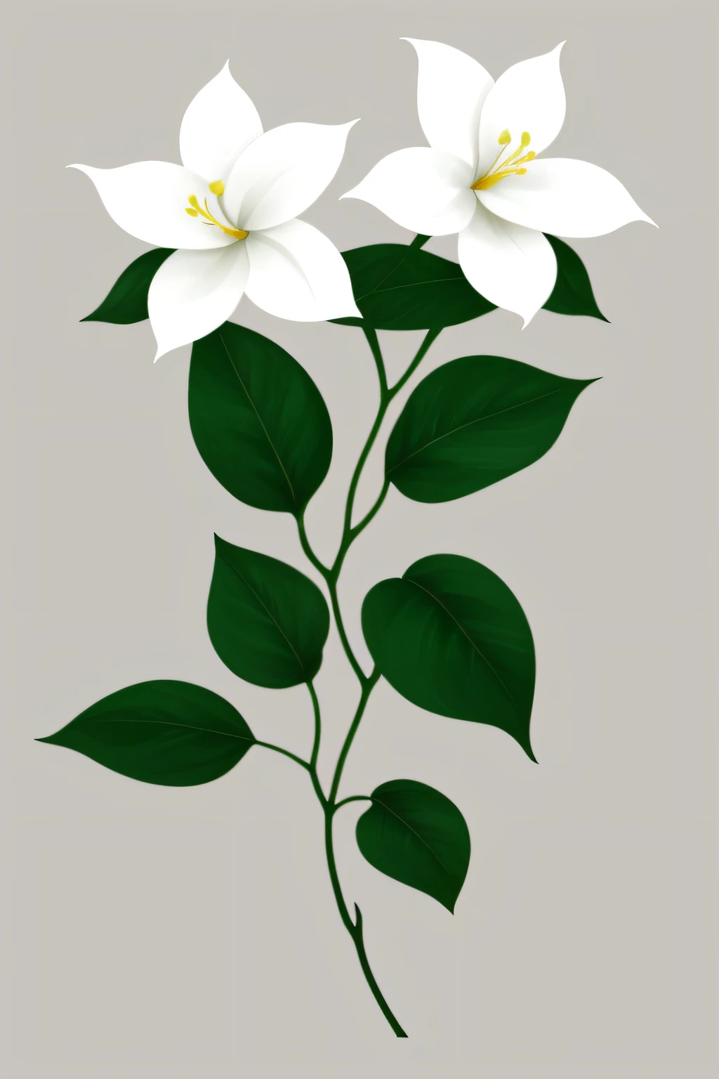 White jasmine blooms，Two leaves，cartoonish style，grey simple background，minimalist images，Paleonucleus，green and crimson