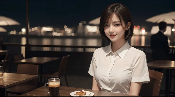 (8k, best quality, masterpiece:1.2), (realistic, photo-realistic:1.37), ultra-detailed, 1 girl, cute, solo, beautiful detailed sky, detailed cafe, night, sitting, dating, (nose blush), (smile:1.15), (closed mouth) small breasts, beautiful detailed eyes, (c...