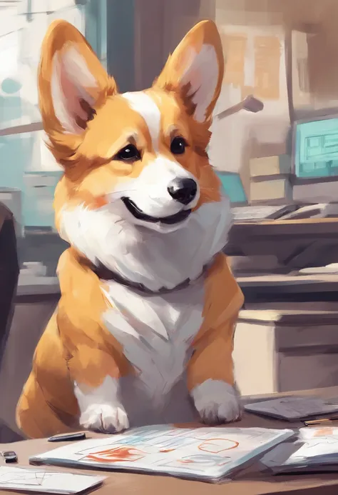 one cute Corgis dog，shaggy，working in an office，photorealestic， finedetail, A high resolution,Perfect dynamic composition