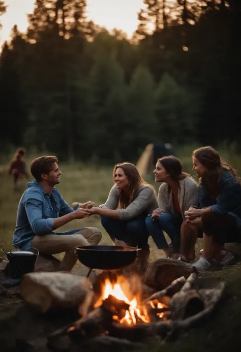 family camping, bonfire, barbecue, Time of Day: evening, Camera: DSLR, Lens: standard zoom lens