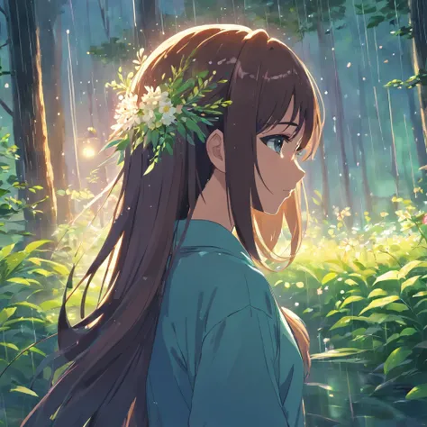 anime girl with long hair and flower in her hair, Beautiful anime artwork, style of anime4 K, Anime art wallpaper 4k,Rainy days，janelas，the woods，Rain drops，Girls back