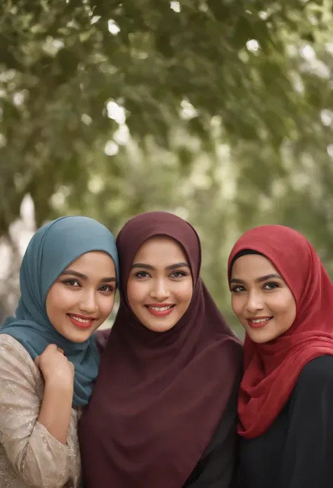 Design a hilarious movie poster featuring the three malay female in hijab as a main characters of our comedy film. Show them caught in a comical situation, with exaggerated facial expressions and props that reflect their distinct personalities. Add a touch...