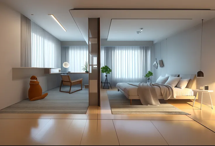 Real bedroom, inside the room, color photo, (8k high definition), (sunset), Octane rendering, yellow warm light enters the room, ray tracing, hyper-realism, comfortable bedroom, Nordic, floor-to-ceiling windows, a bed, illustration, desk lamp , a chair, hi...