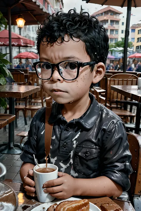 loranerdinho1, create an exceptionally detailed and hyper-realistic portrait of a 3-year-old boy wearing glasses. he's sitting i...