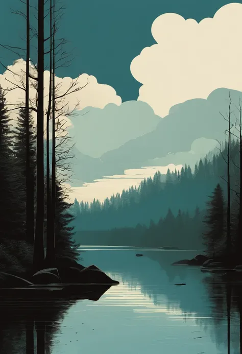 a thick forest reflecting in a calm lake, surrealism, networks in the sky, blue colour scheme, by alessandro gottardo