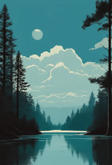 a thick forest reflecting in a calm lake, surrealism, networks in the sky, blue colour scheme, by alessandro gottardo