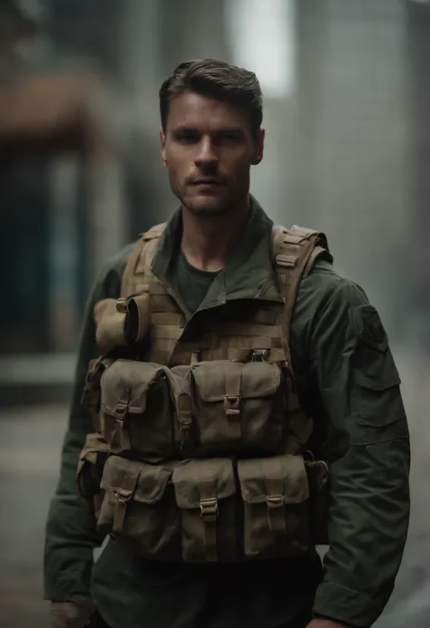 Generate an image of a resilient man looking directly at the camera. Hes wearing a tactical long-sleeved military shirt, carrying a tactical military backpack. His clothing is slightly torn, and he stands in the midst of a city in ruins