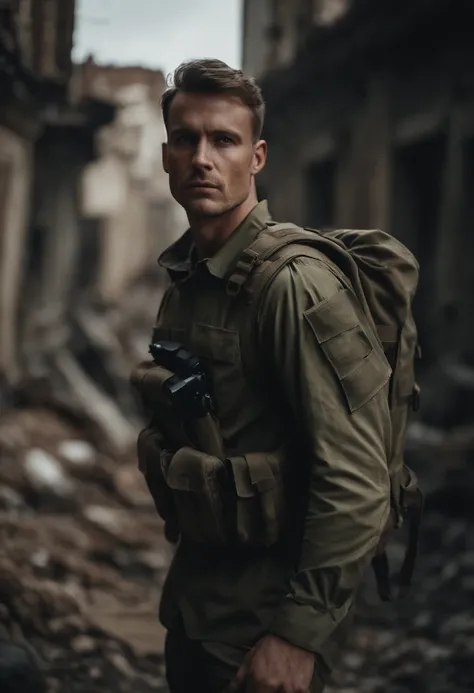 Generate an image of a resilient man looking directly at the camera. Hes wearing a tactical long-sleeved military shirt, carrying a tactical military backpack. His clothing is slightly torn, and he stands in the midst of a city in ruins