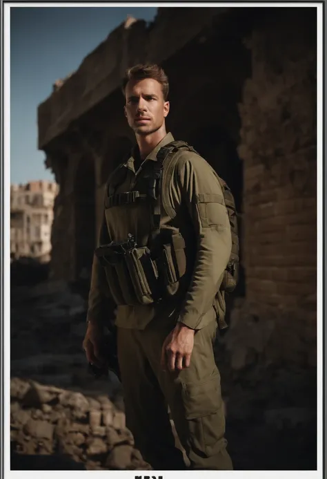 Generate an image of a resilient man looking directly at the camera. Hes wearing a tactical long-sleeved military shirt, carrying a tactical military backpack. His clothing is slightly torn, and he stands in the midst of a city in ruins