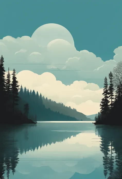 a thick forest reflecting in a calm lake, surrealism, networks in the sky, blue colour scheme, by alessandro gottardo