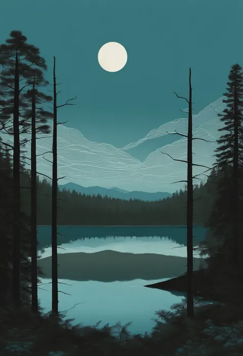 a thick forest reflecting in a calm lake, surrealism, networks in the sky, blue colour scheme, by alessandro gottardo