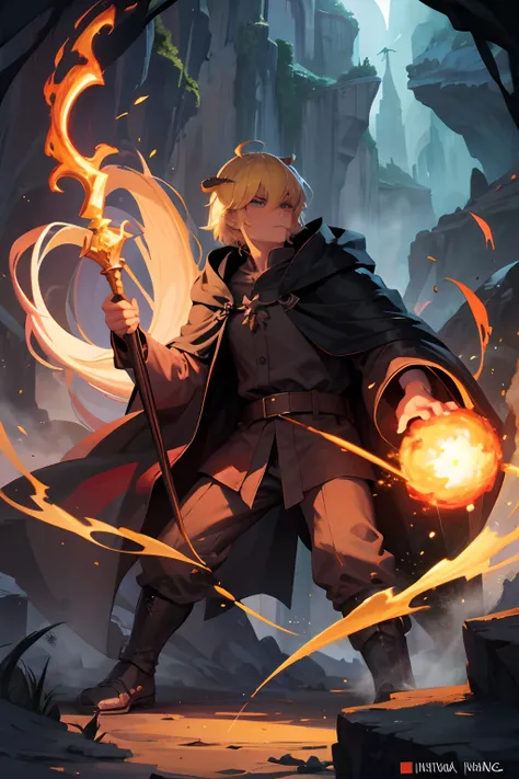 A man named Derek（10），He holds a staff，wearing long black robe，coiffed blonde hair，In a cave，Launch fireballs，Fight the dragons of the West，generous dimensions，k hd，filigree