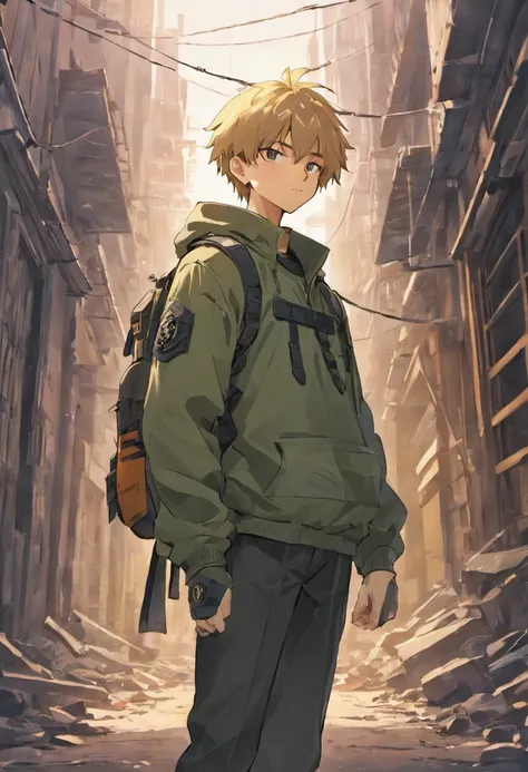 Generate an image of a resilient man looking directly at the camera. Hes wearing a tactical long-sleeved military shirt, carrying a tactical military backpack. His clothing is slightly torn, and he stands in the midst of a city in ruins