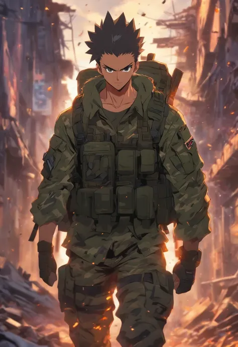 Generate an image of a resilient man looking directly at the camera. Hes wearing a tactical long-sleeved military shirt, carrying a tactical military backpack. His clothing is slightly torn, and he stands in the midst of a city in ruins