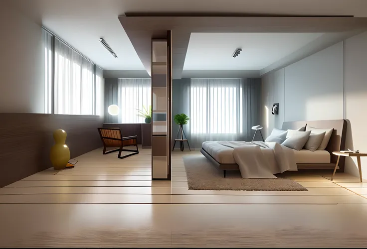 Real bedroom, Inside the room, coloured photo, (8K high definition), (Sunset), Octane rendering, Cool skylight enters the room, Ray tracing, Hyper-realism, Comfortable bedroom, nordic, Floor-to-ceiling windows, a bed, illustration, table light , a chair, H...