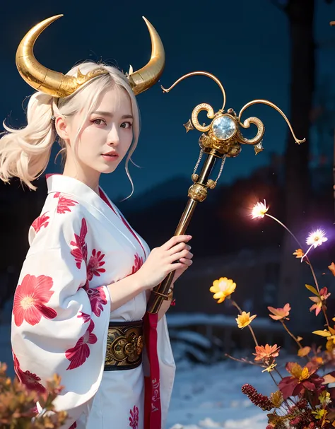 Professional , ​masterpiece、top-quality、photos realistic , depth of fields 、In the moonlight at night、（White bikini armor)、（Mystical expression）、（（Fight dragons））,(Wear a beautiful kimono),（Wear a beautiful kimono with colorful floral patterns）、Jewel Gold ...