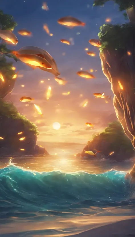 (best quality,4k,highres,masterpiece:1.2),ultra-detailed,realistic:1.37,paper lanterns,floating lanterns,breathtaking view,fish swimming,anime style,celebratory atmosphere,game promotional art,festive colors,vibrant illustration,dynamic waves,sparkling wat...