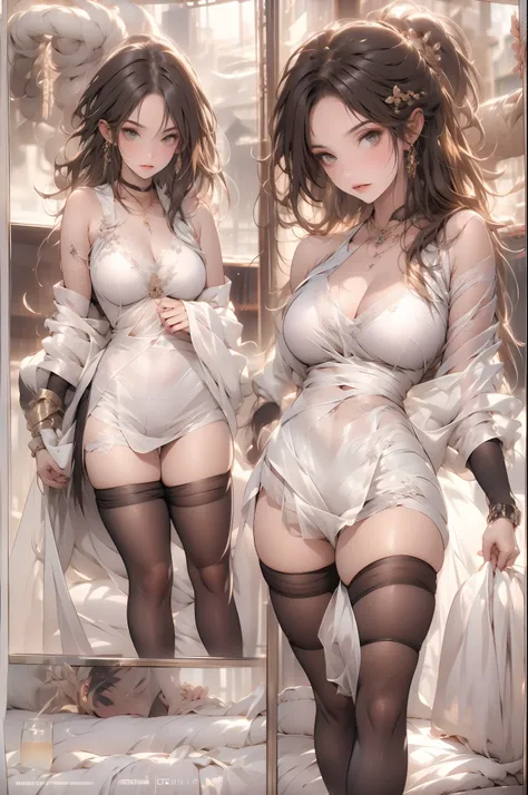 ((Masterpiece, Highest quality)), Detailed face, CharacterDesignSheet，perfectly proportions，full bodyesbian， Full of details, Multiple poses and expressions, Highly detailed, long eyelasher，dressing gown，Lace，lacepantyhose, High Balance, Overhead halo，Natu...