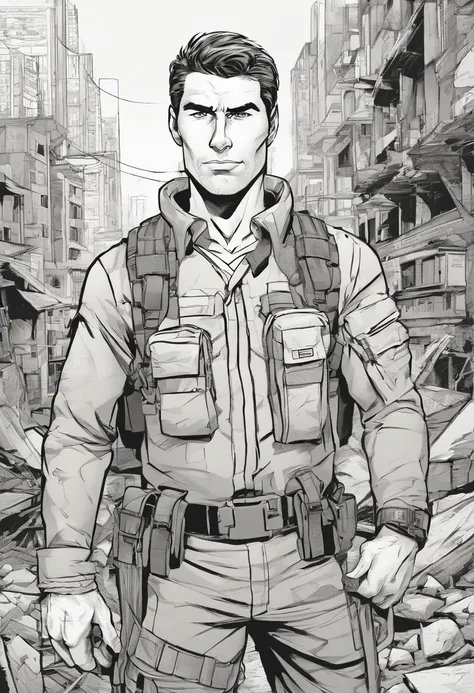 Generate an image of a resilient man looking directly at the camera. Hes wearing a tactical long-sleeved military shirt, carrying a tactical military backpack. His clothing is slightly torn, and he stands in the midst of a city in ruins