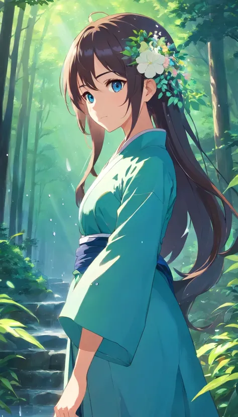 anime girl with long hair and flower in her hair, Beautiful anime artwork, style of anime4 K, Anime art wallpaper 4k,Rainy days，janelas，the woods，Rain drops，Clear blue eyes，blue hairs，a blue dress，Delicate eyes, bright eyes，period costume，Tang suit