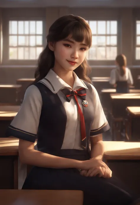 Shiina noon, Classroom, uniform, Highest quality, Highly detailed, Realistic shadows, Realistic texture