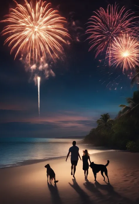 Tropical sandy beach at night，Calm sea，Fireworks bloom in the sky，Two running teenagers，A dog，Faraway view