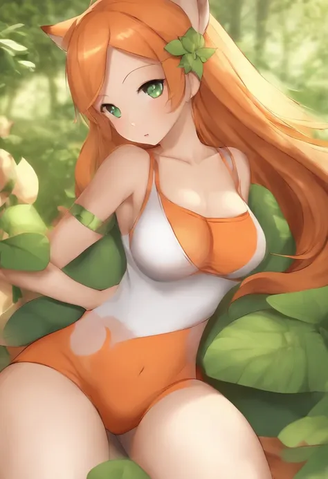 1girll, Bed_gauges, black_legwear, Blush, Breasts, cleavage, 鎖骨, Covered with, Covered with_Breasts, Crossed_Arms, Green_Eyes, mediating_Breasts, Misty_(Pokemon), navel, , Orange_Hair, short_Hair, Side_pony tails, signatures, Sitting, Solo, upper legs, Top...